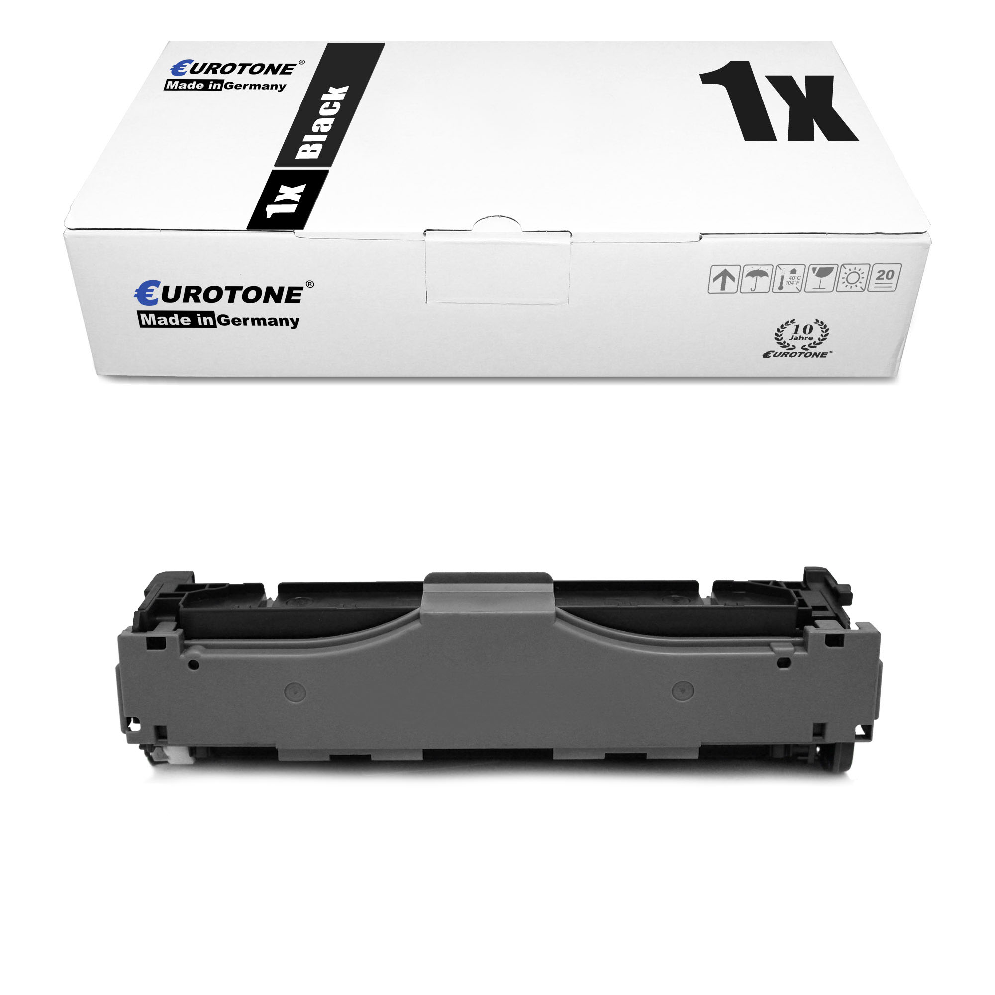 Eine schwarze Tonerkartusche und -box. Auf der Box steht 'Black XL' und 'Eurotone'. Die Patrone ist schwarz.