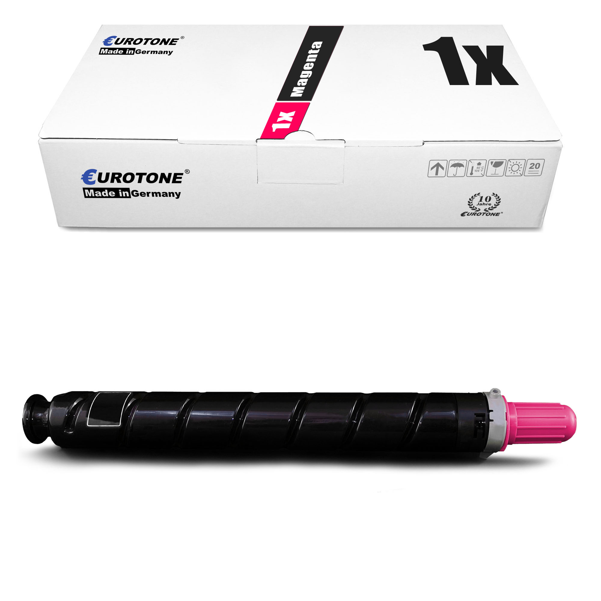 Weiße Box mit einer magentafarbenen Tonerkartusche. Box hat ein 'Magenta'-Etikett. Kartusche schwarz.