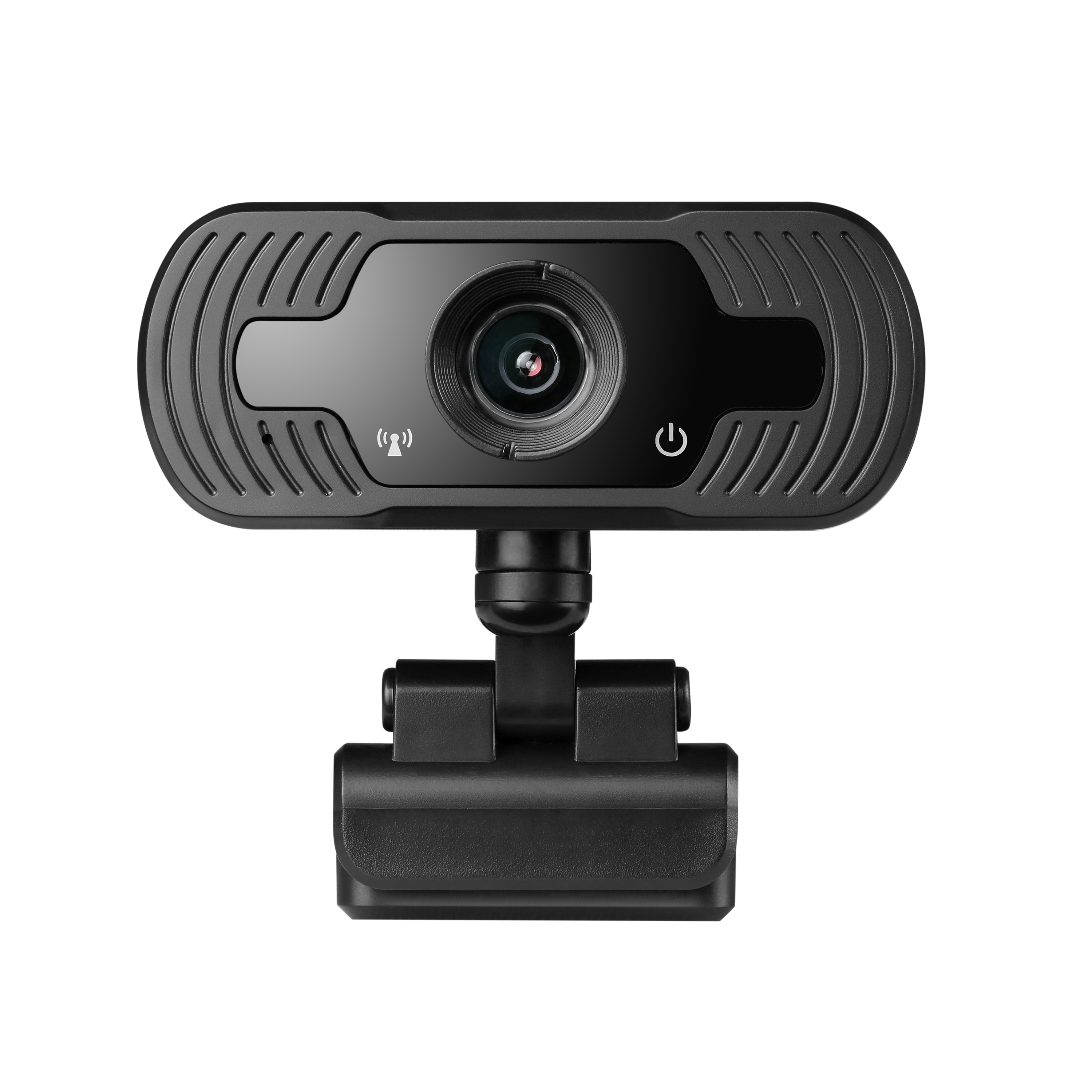 Schwarze Webcam mit Linse, Mikrofon, und Strom- und Verbindungsanzeigen.