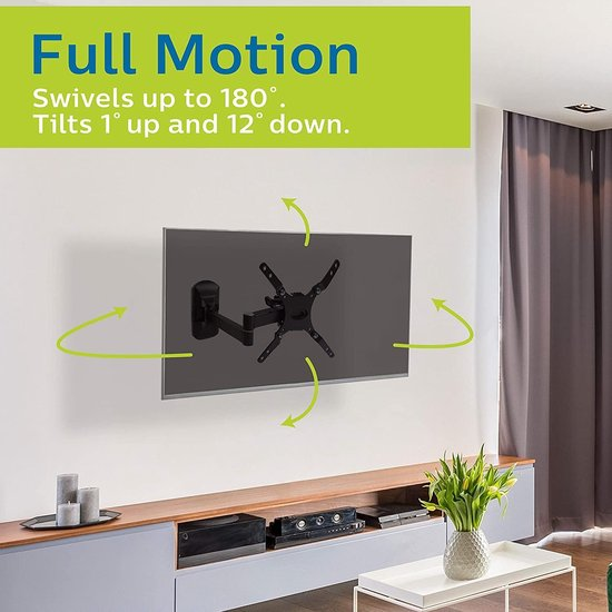 An der Wand montierter Fernseher, Text zu voller Bewegung und Schwenk-/Neigungswinkeln.