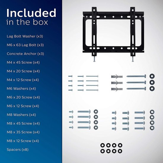 Zawartość pudełka do uchwytu ściennego, w tym śruby, śruby, podkładki i kotwy.
