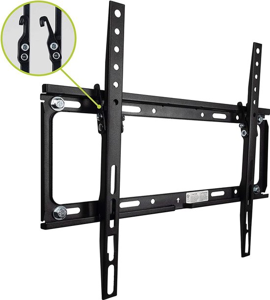 Schwarze TV-Wandhalterung mit Montagehalterungen und Schrauben, mit Inset-Details.