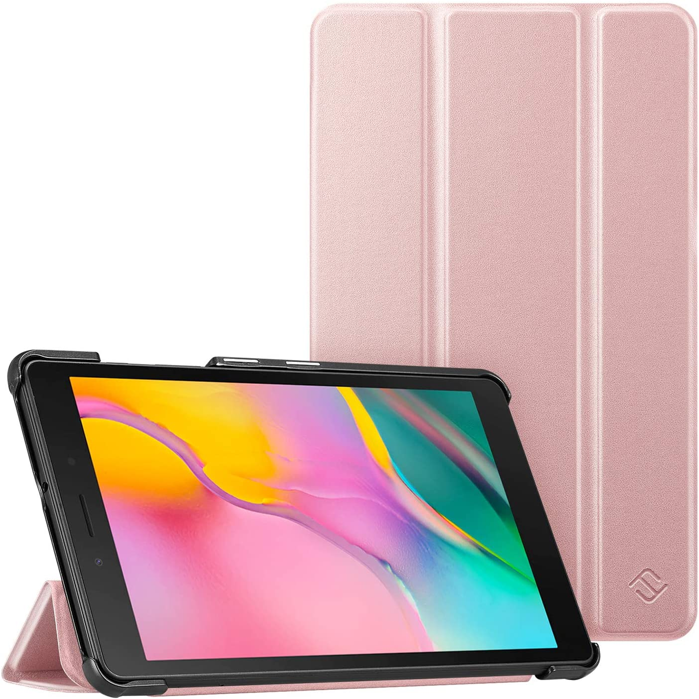Rosa Tablet mit schwarzem Rand in einer rosa Hülle. Eine weitere Hülle steht dahinter.