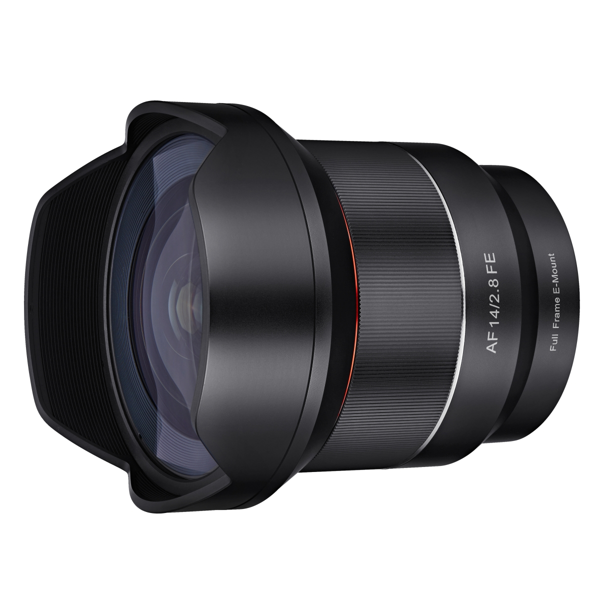 Ein schwarzes Kameraobjektiv mit Gegenlichtblende. Das Objektiv ist mit AF 14/2.8 FE beschriftet.