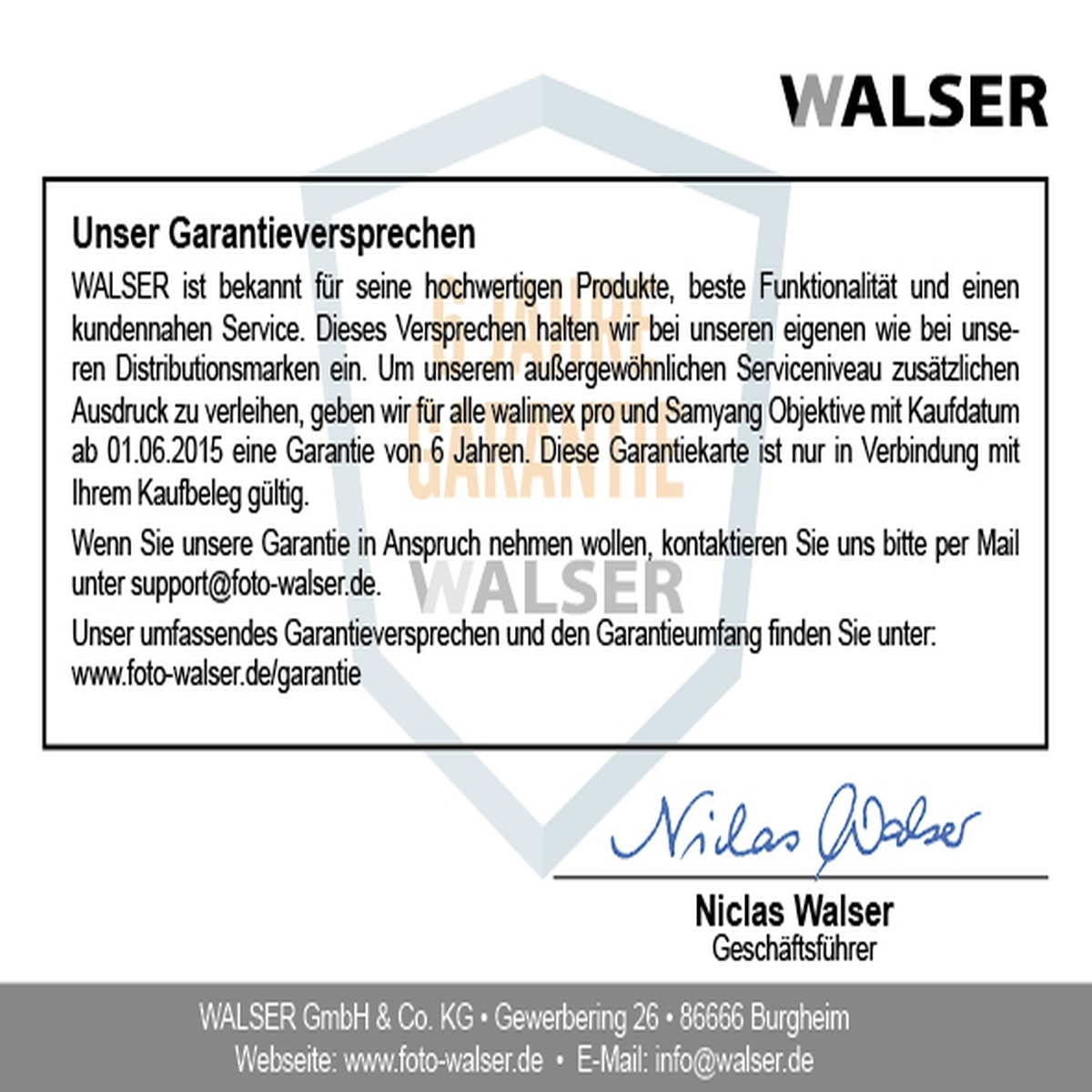 Ein Garantie-Dokument von WALSER, das Garantiebedingungen mit Unterschrift und Kontaktinformationen detailliert.