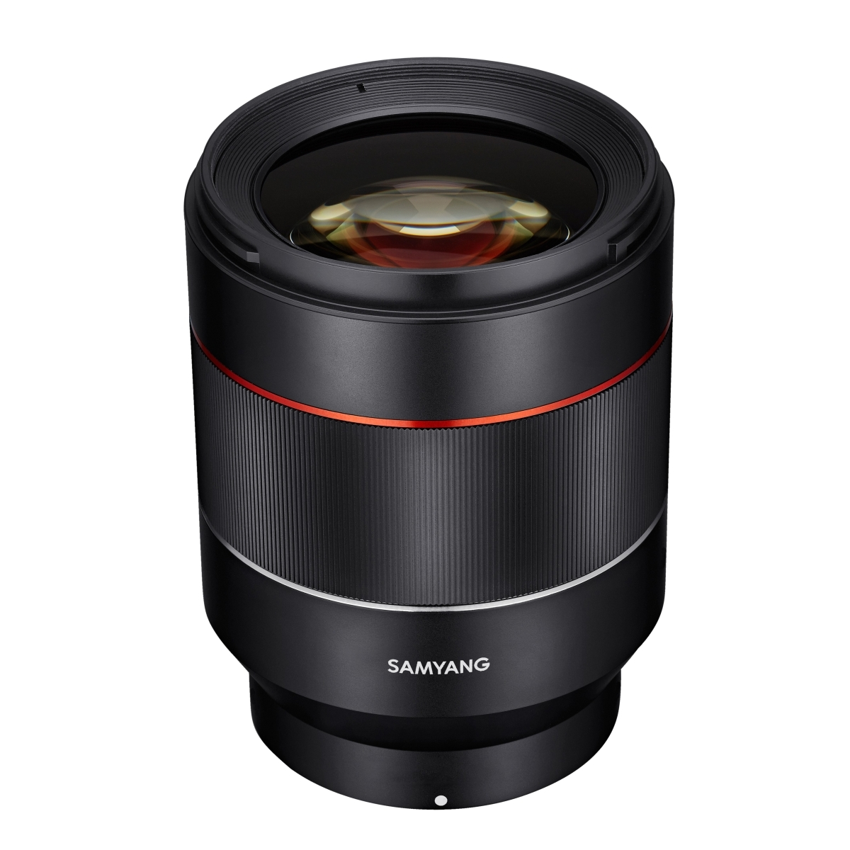 Schwarzes Kameraobjektiv mit rotem Ring und dem Markennamen SAMYANG darauf.