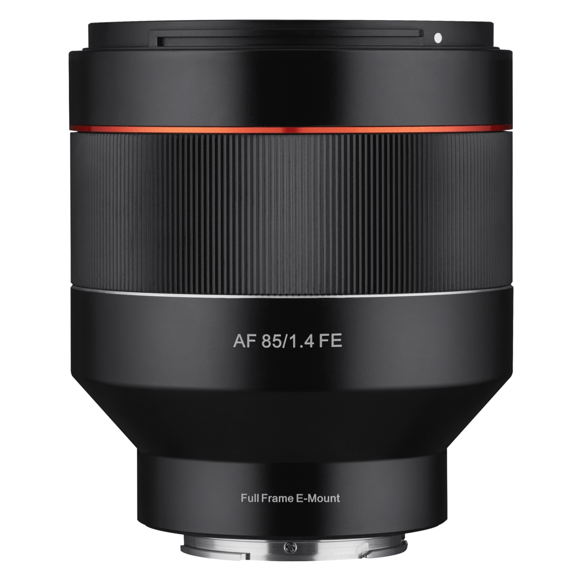 Schwarzes Kameraobjektiv mit orangefarbenem Ring und AF 85/1.4 FE Text. Full Frame E-Mount.