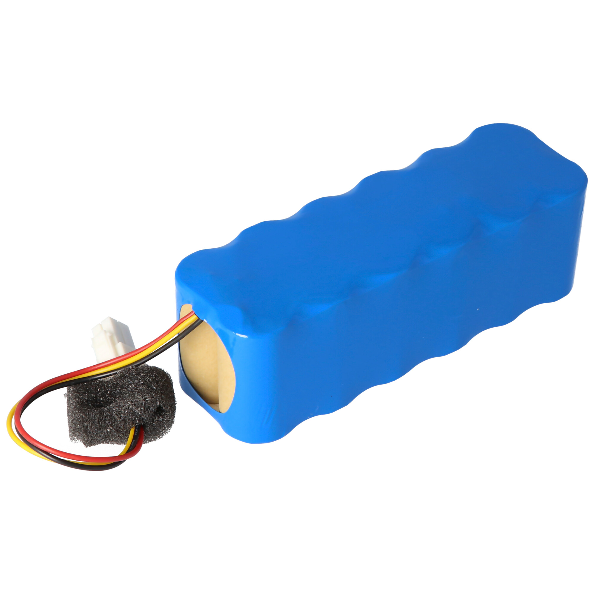 Blaue Ersatzbatterie für einen Roboter-Staubsauger, mit Anschlussdrähten.