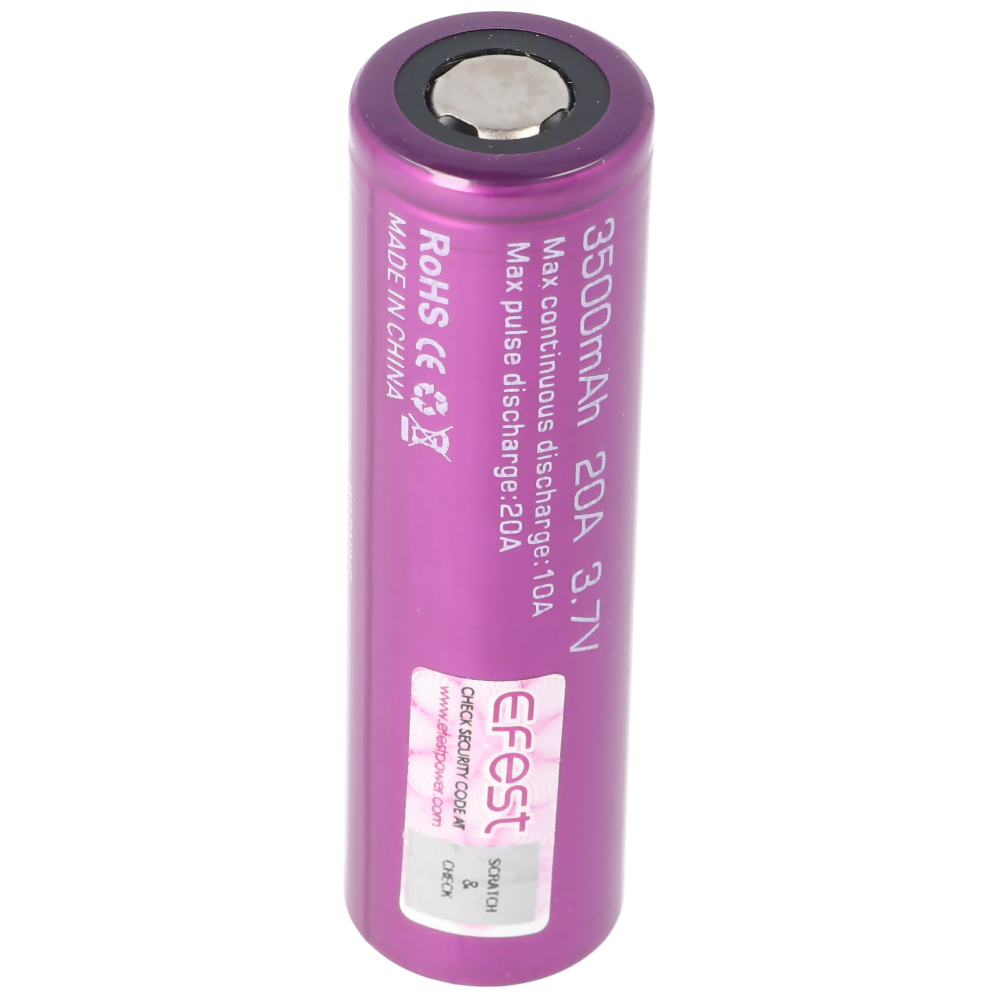 Purple 3,7V Akku, 65,2x18,5mm ungeschützt Flat 18650 Akku Li-Ion IMR 3500 - EFEST Lithium-Ionen Li-Ion Top 3,6V - mAh 3500mAh