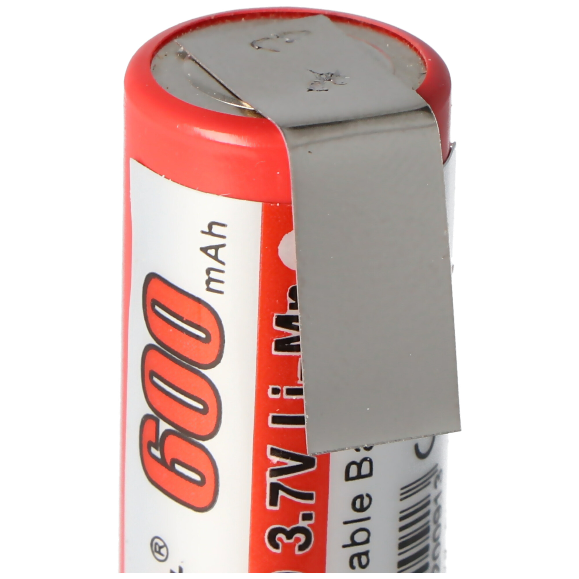 Rote und silberne AA-Batterie mit '600 mAh' und '3,7V' Text.