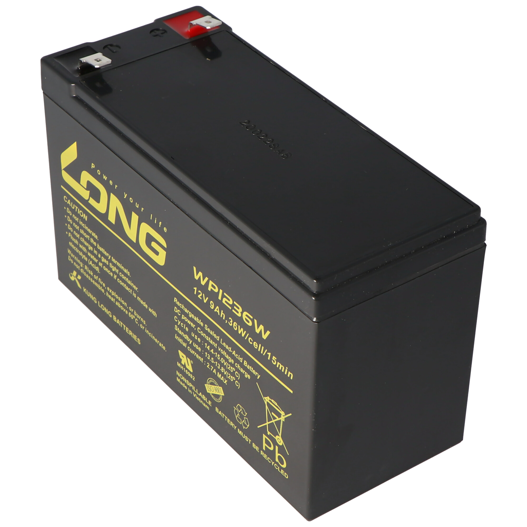 Schwarze rechteckige Batterie mit weißem Text.