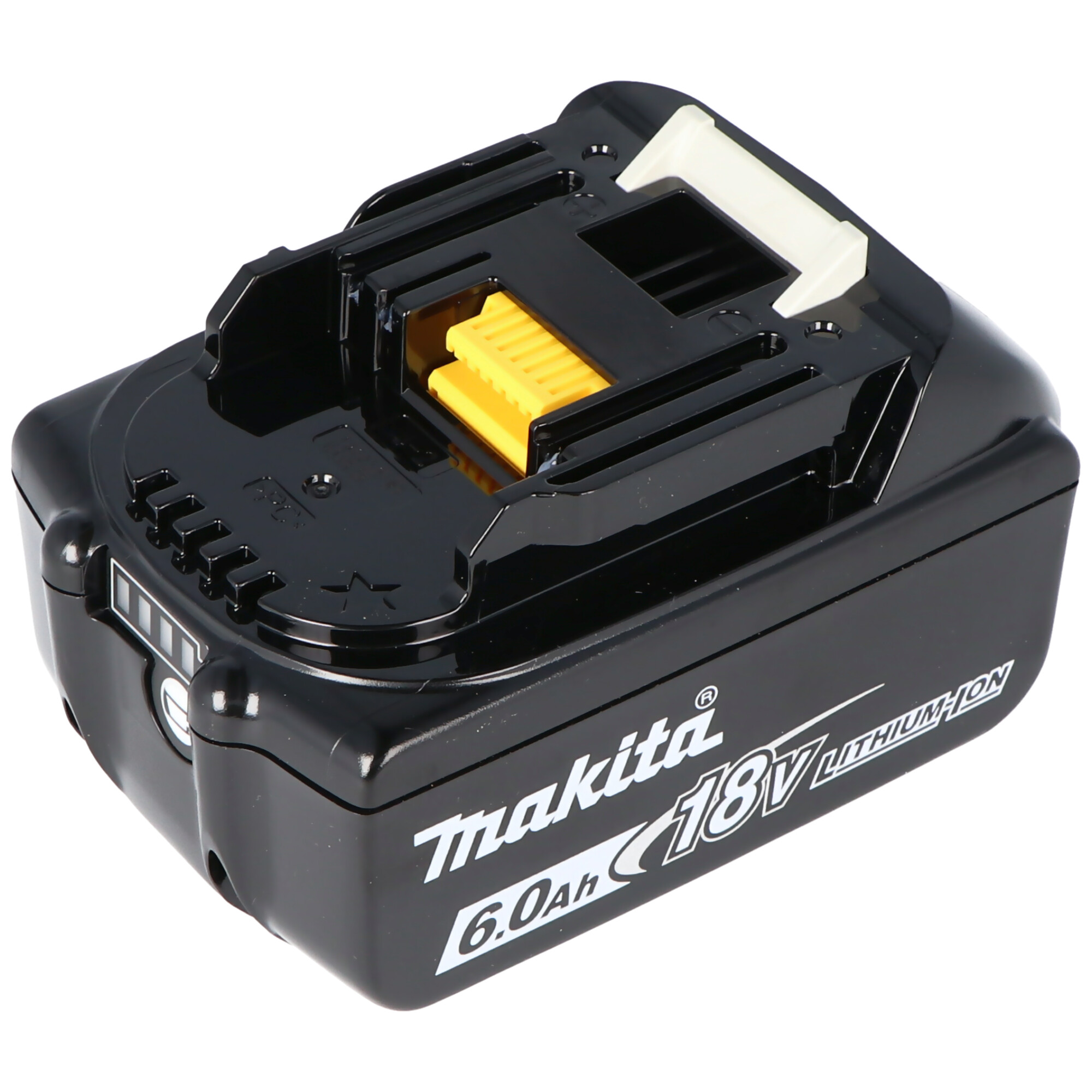 Czarny akumulator Makita z białym uchwytem i żółtym złączem, widok z góry. Tło jest białe.