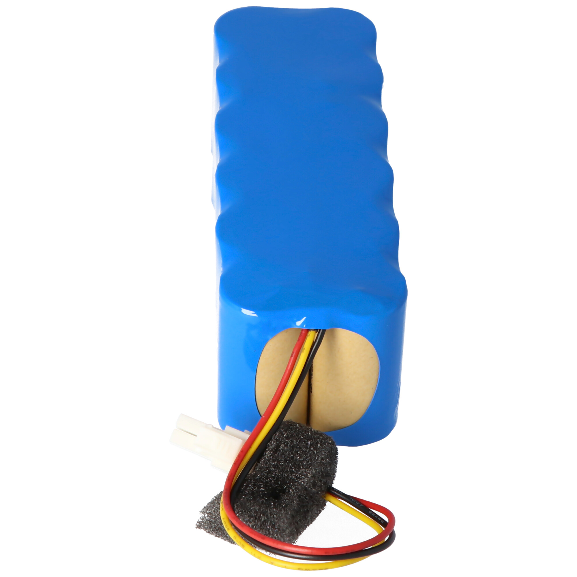 Blaues Batteriepack. Gelbe, rote und schwarze Drähte. Weißer Stecker und schwarzer Schaumstoff.