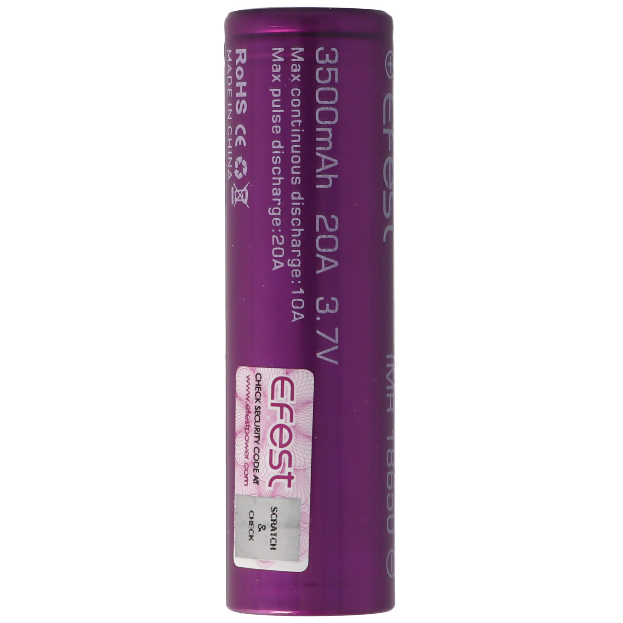 65,2x18,5mm Li-Ion Purple 3,6V mAh Top - Li-Ion Akku, 3,7V - 18650 IMR EFEST Flat Lithium-Ionen 3500 3500mAh Akku ungeschützt