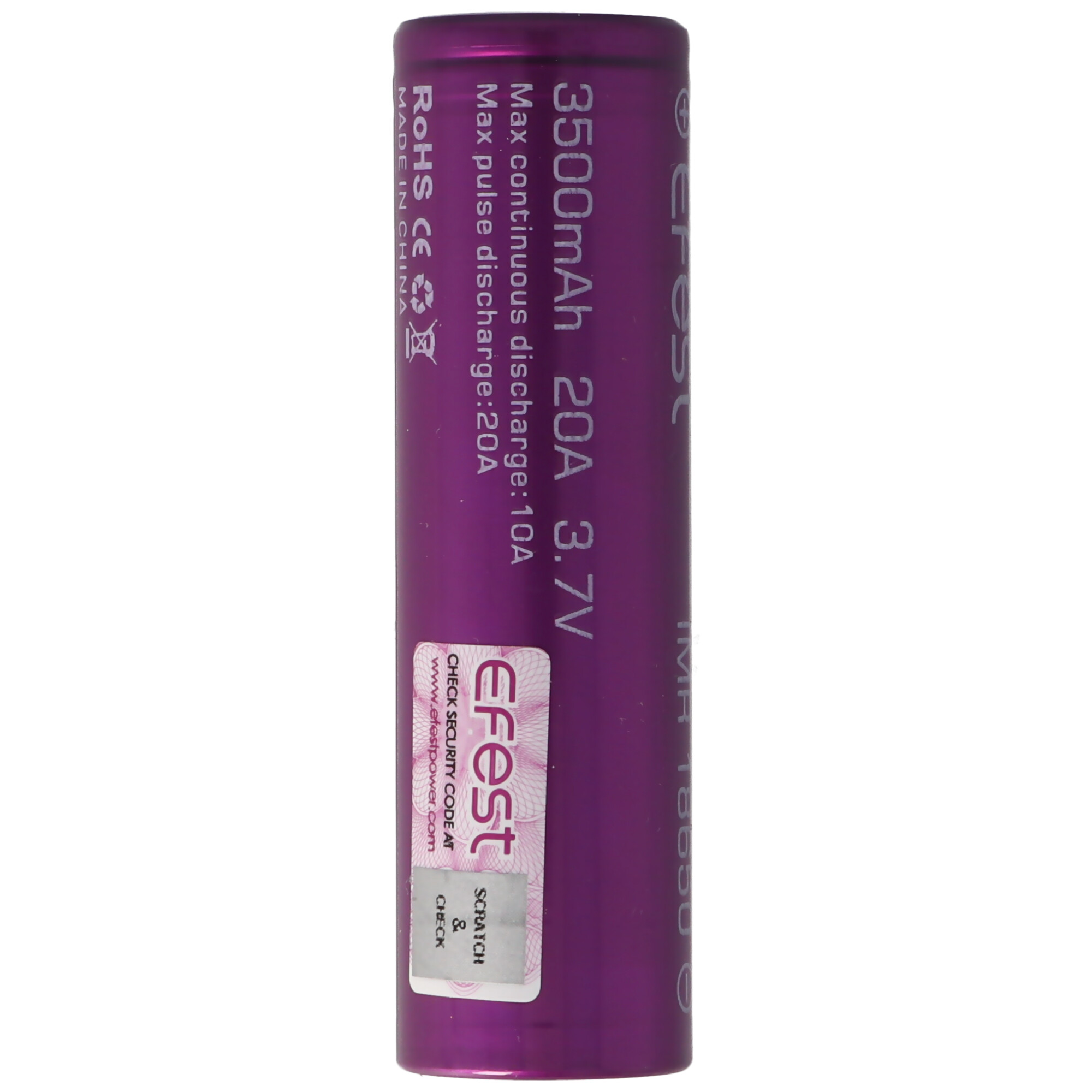 Purple eFest IMR 18650 battery with specifications and a sticker.