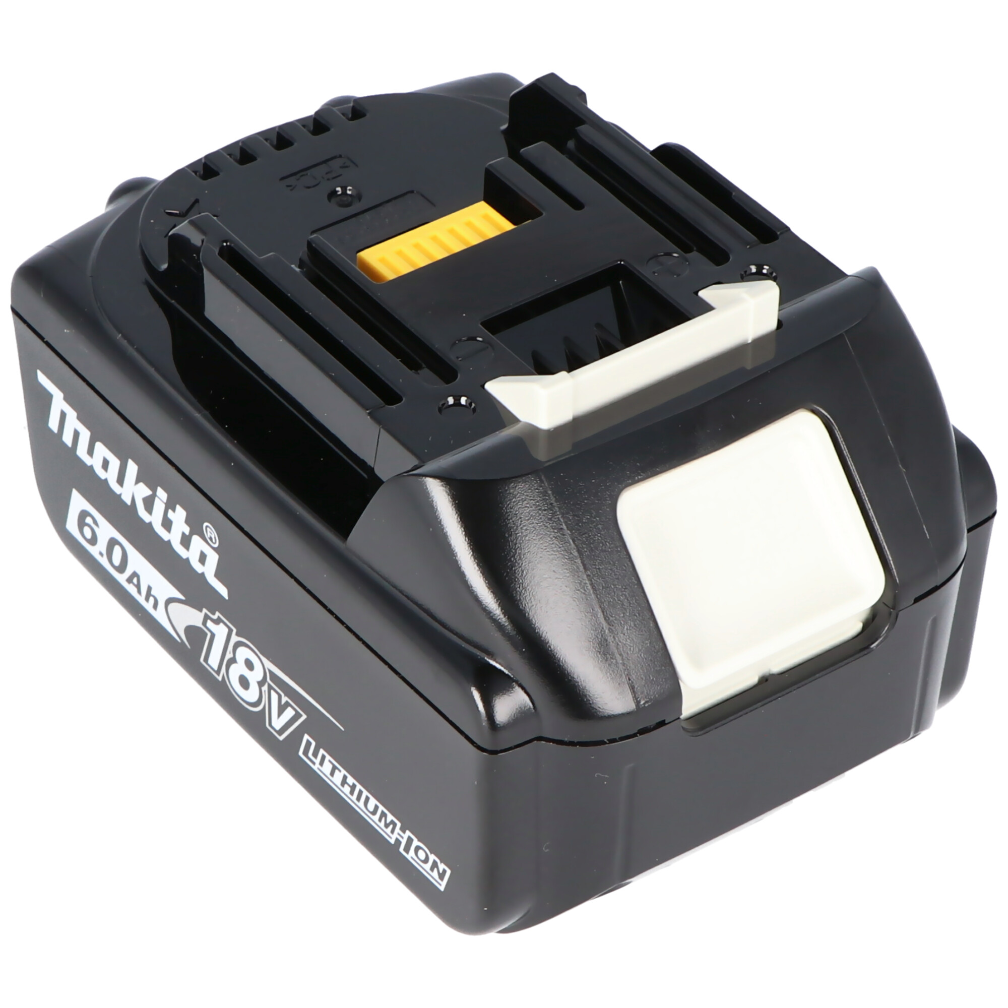 Czarna bateria Makita 18V litowo-jonowa. Ma żółte i białe akcenty.