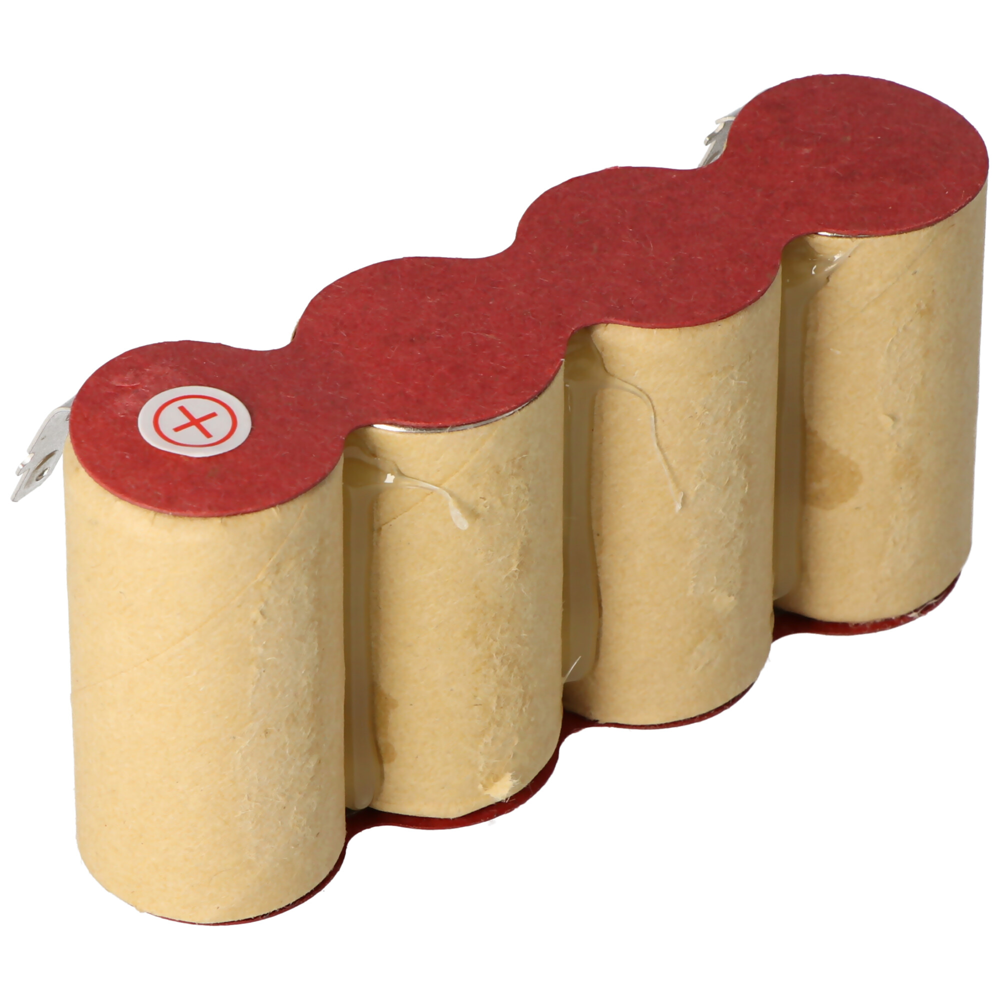 Ein Akku mit vier zylindrischen Zellen. Die Oberseite ist rot mit einem weißen Kreis und Kreuz.