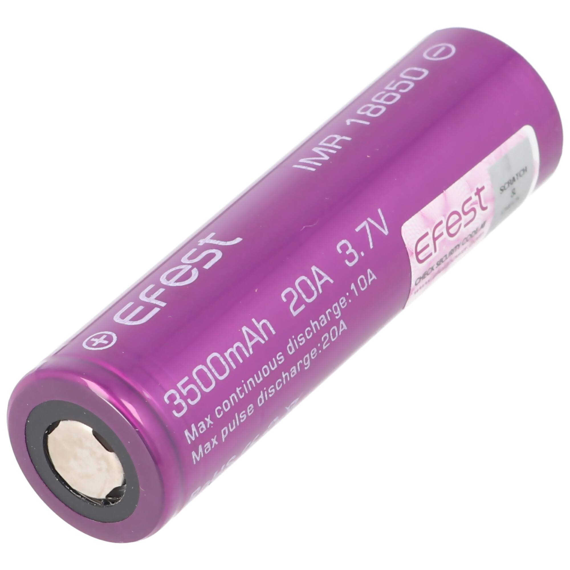 Purple cylindrical battery with white text and labels. Shows the battery's specifications and brand.