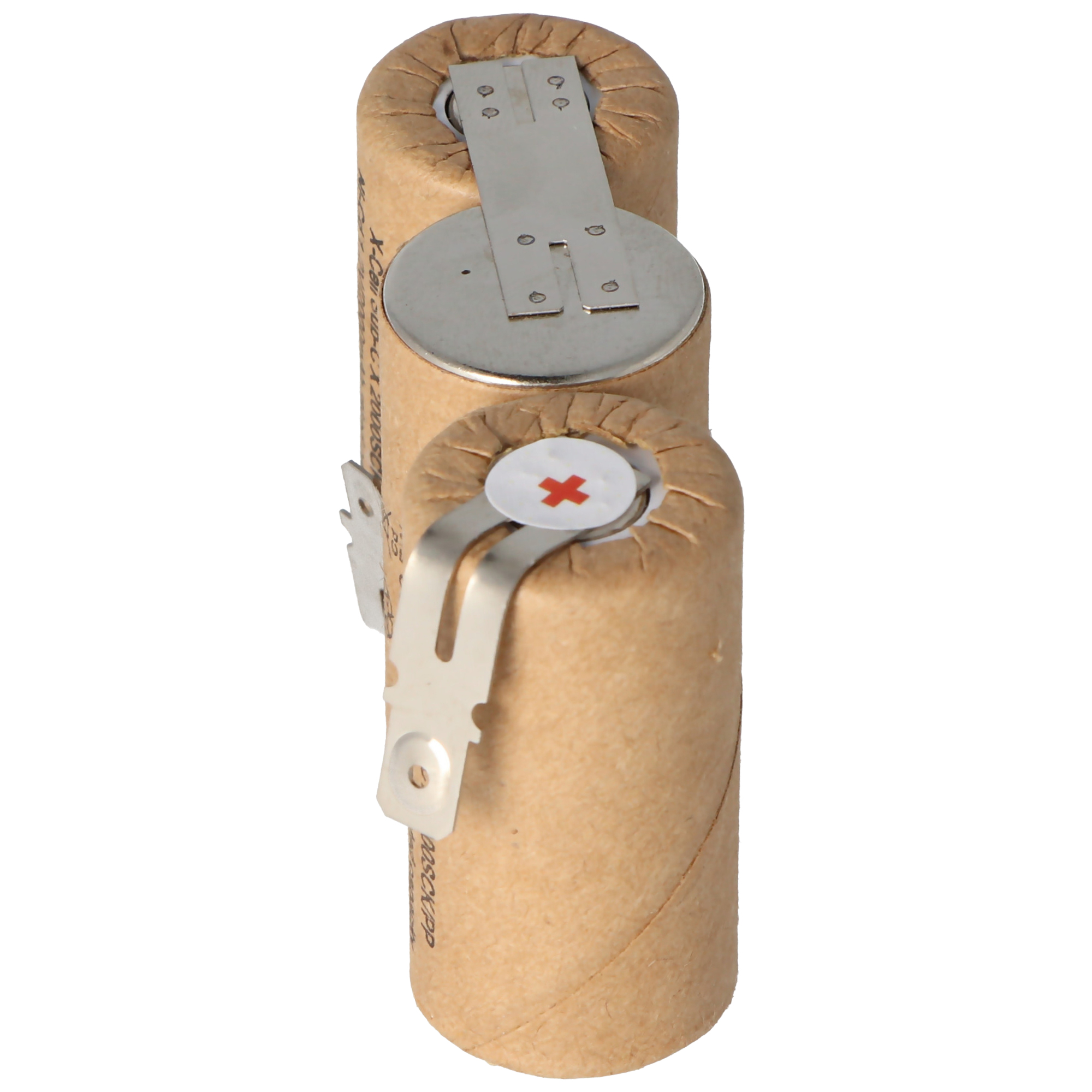 Zwei braune Batteriezellen mit Metalllaschen und einem roten Pluszeichen auf weißem Untergrund.