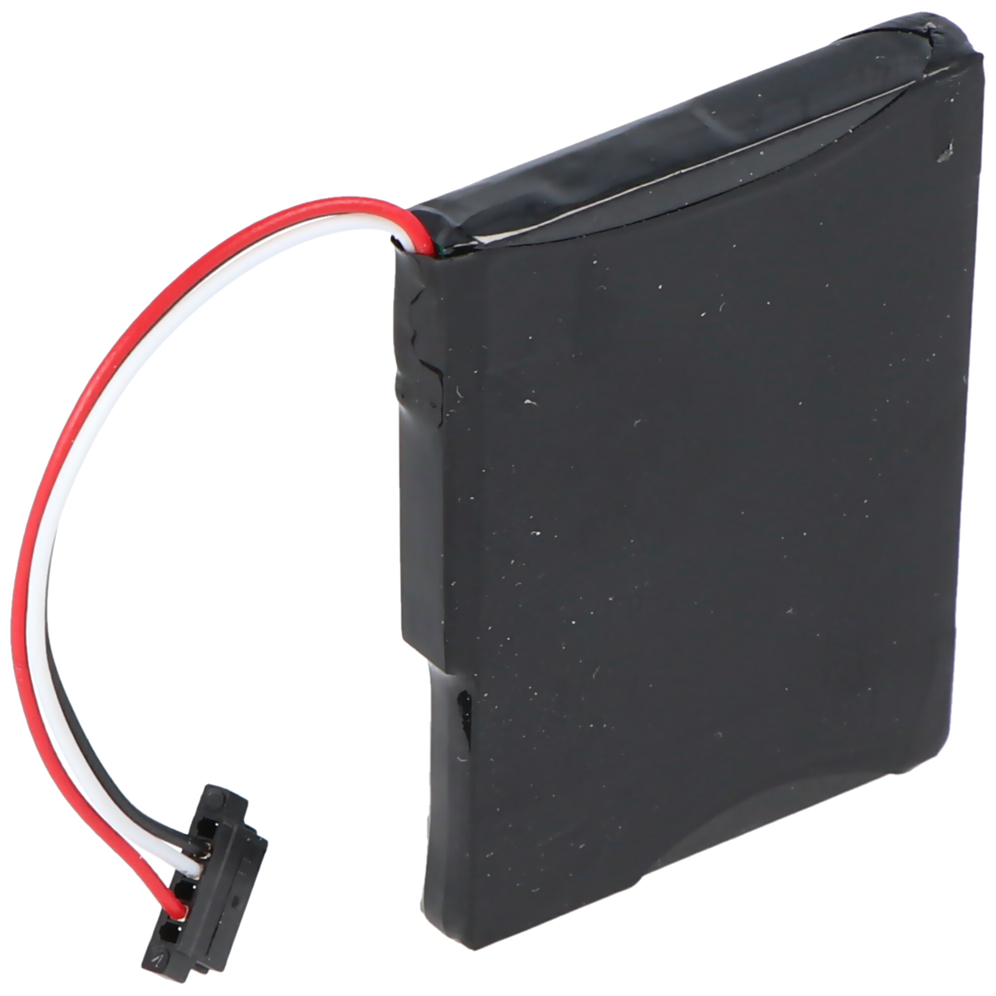 Schwarzer rechteckiger Akku mit roten und weißen Drähten. Stecker unten. Weißer Hintergrund.