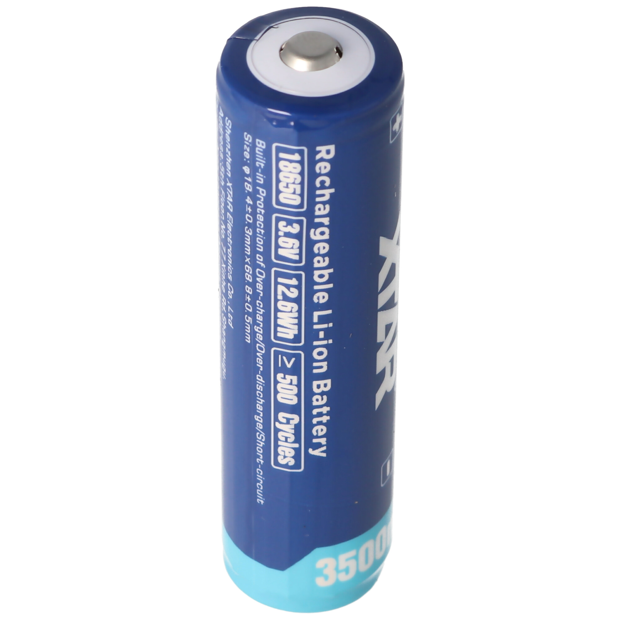Blauwe en witte oplaadbare Li-ion batterij. Witte achtergrond.