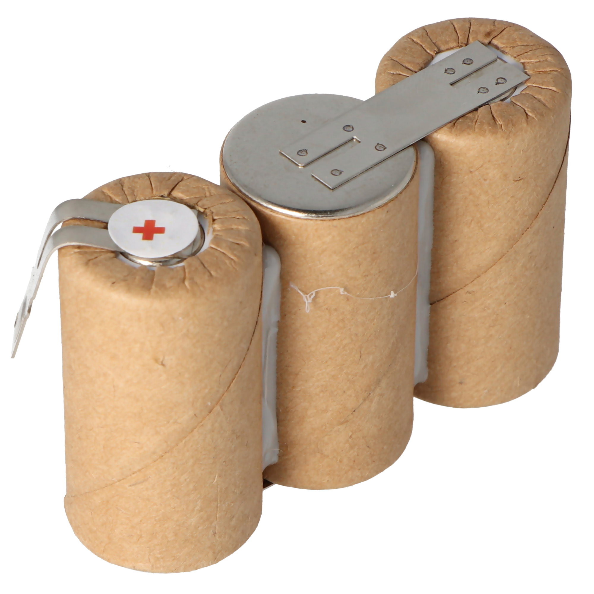 Drei braun verpackte Batterien mit Metallverbinder. Weißer Hintergrund.