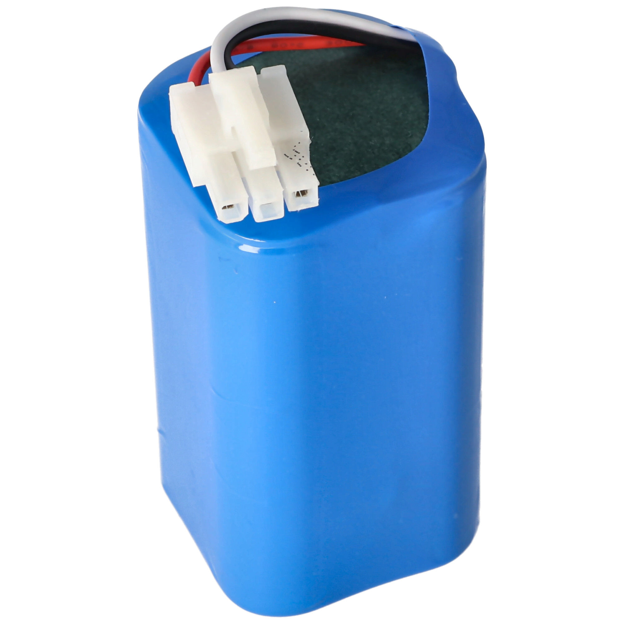 Eine blaue Batterie mit weißen Anschlüssen. Der Hintergrund ist weiß.