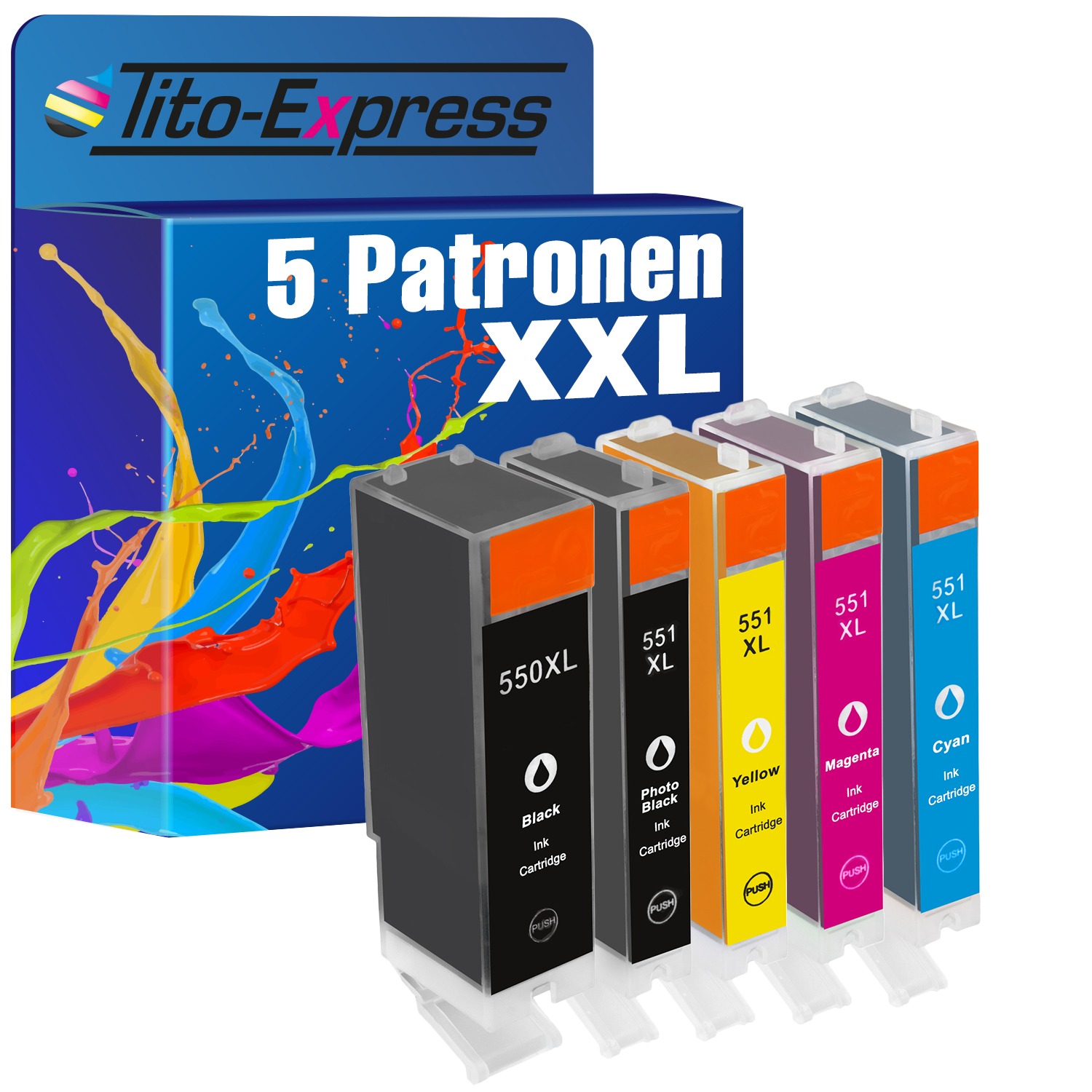 TITO-EXPRESS PLATINUMSERIE 5er Set ersetzt PGI-550 Canon Yellow Black, Cyan, CLI-551 & (6445B005) Magenta, Tintenpatronen Photoblack