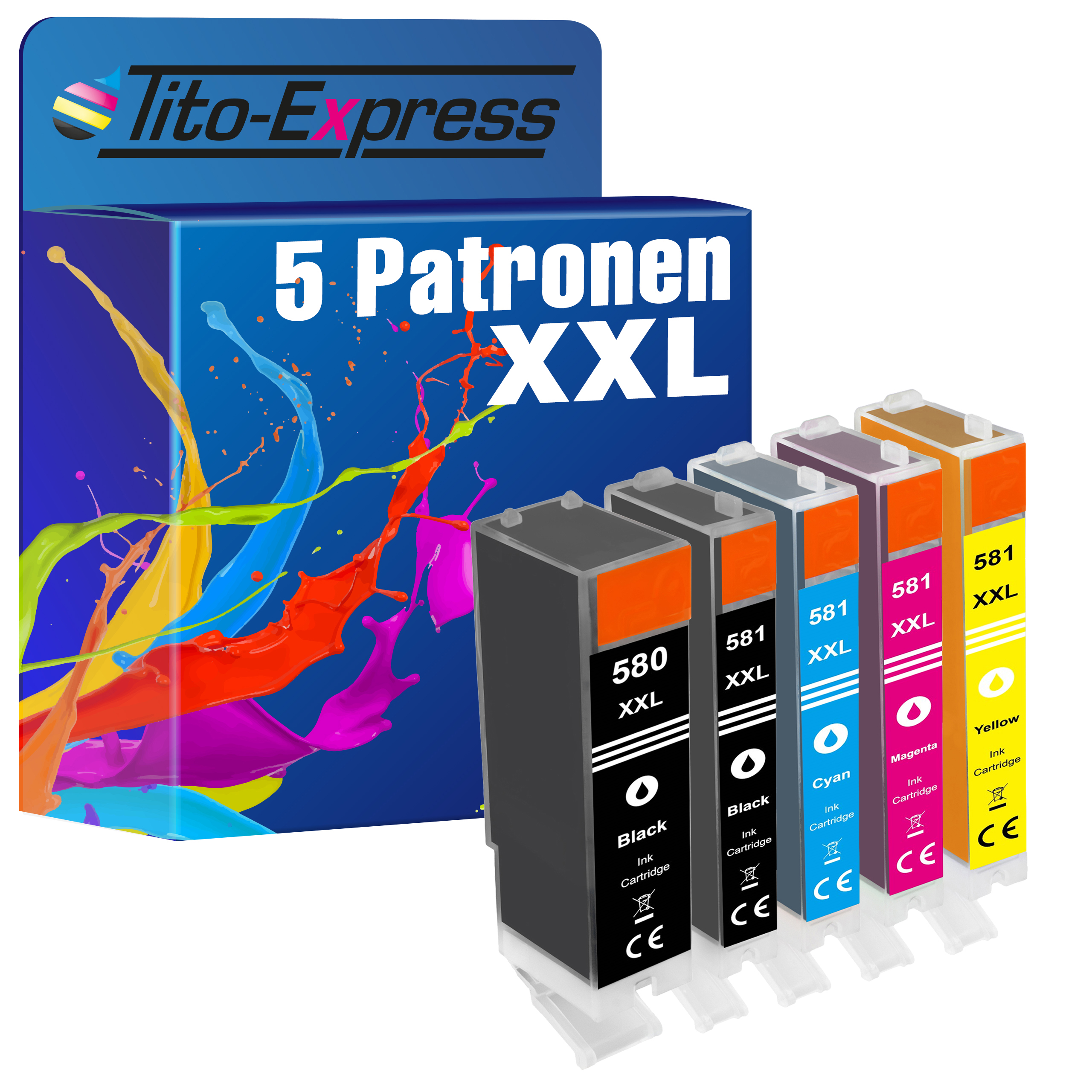TITO-EXPRESS PLATINUMSERIE 5er Set ersetzt XXL Cyan, Tintenpatronen Photoblack, Magenta, Black, Canon Yellow PGI-580 (1998C005) CLI-581 XXL