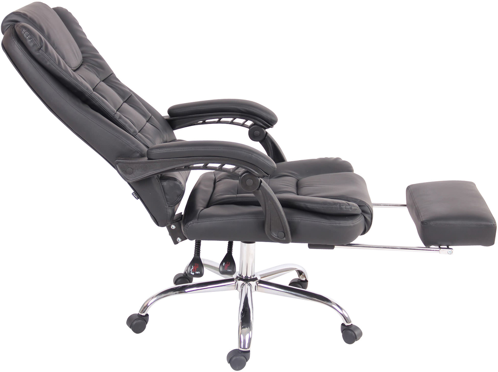 Schwarzer Leder-Bürostuhl mit Fußstütze. Liegeposition, Metallgestell und Rollen.