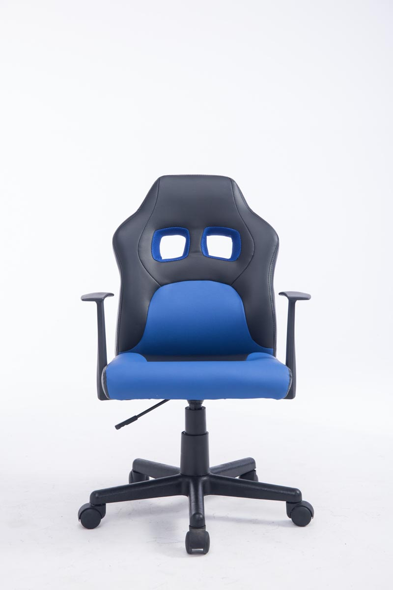 Blau-schwarzer Gaming-Stuhl vor weißem Hintergrund. Der Stuhl hat Rollen.