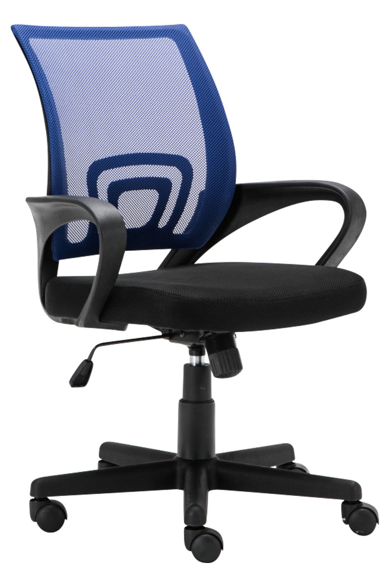 Blauer Netz-Bürostuhl, Seitenansicht. Schwarzes Gestell, blauer Netzrücken, schwarzer Sitz. Weißer Hintergrund.