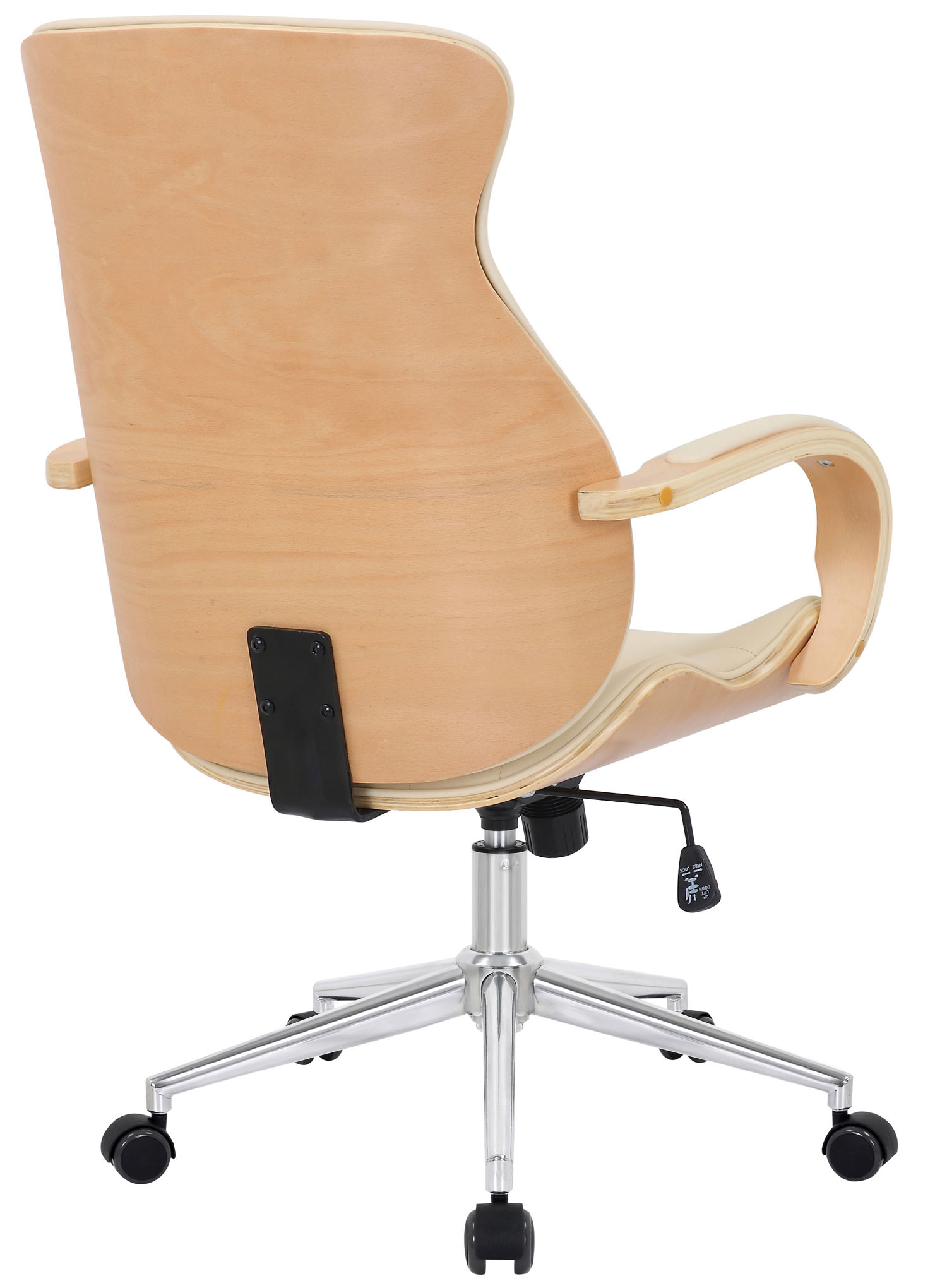 Rückansicht eines Holz-Bürostuhls mit geschwungener Rückenlehne und silbernen Beinen.