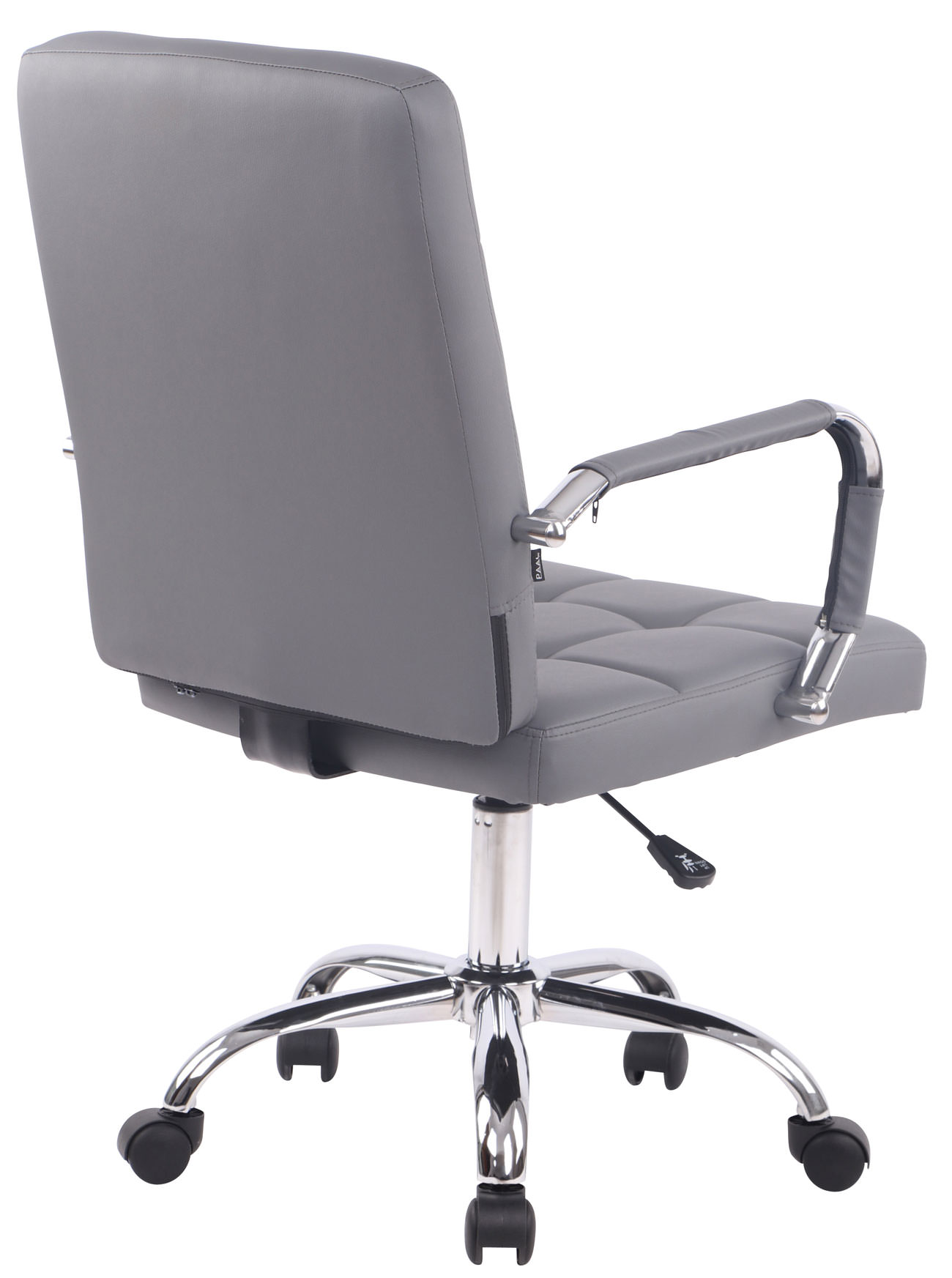 Grauer Bürostuhl von hinten. Chrombasis, gepolsterter Sitz und Rückenlehne. Armlehnen mit dunkelgrauer Polsterung.