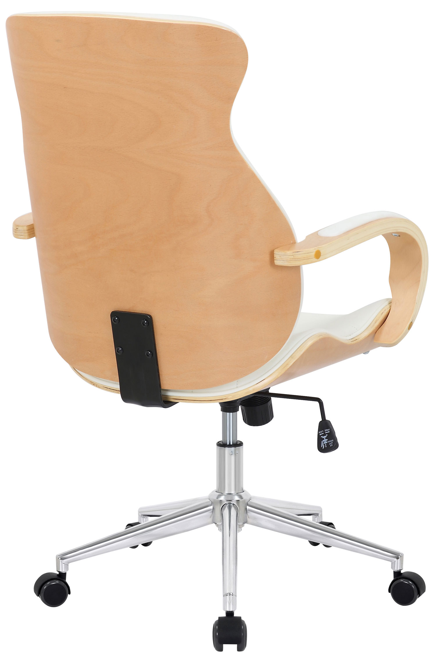 Holz- und weißer Bürostuhl von hinten. Weißer Hintergrund. Modernes Design.