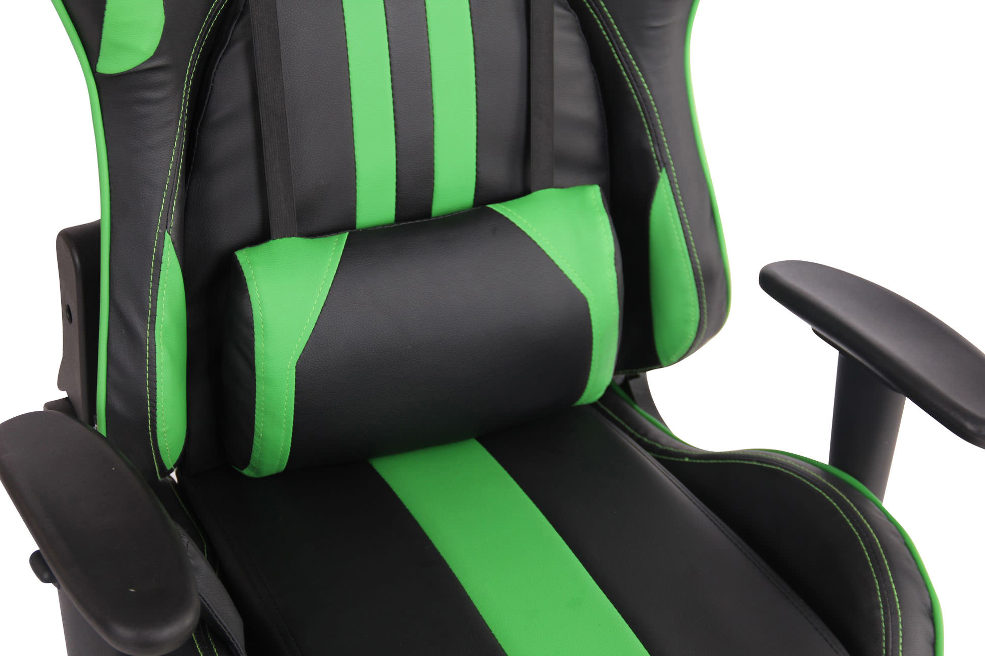 Gaming-Stuhldetail, schwarz und grün, Kopfstütze und Rückenlehne. Weißer Hintergrund.