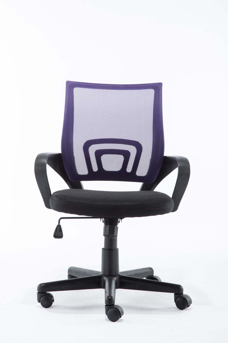 Vorderansicht eines Bürostuhls mit lila Netzrücken, schwarzem Sitz und Gestell, auf weißem Hintergrund.