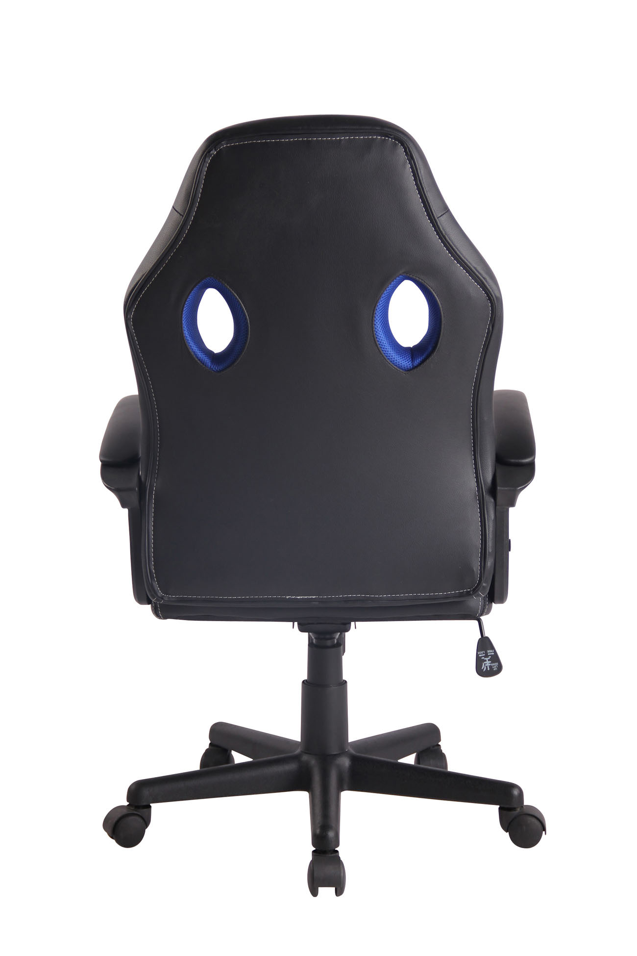 Gaming-Stuhl, Rückansicht, schwarz mit blauen Details. Hat zwei kreisförmige Löcher.