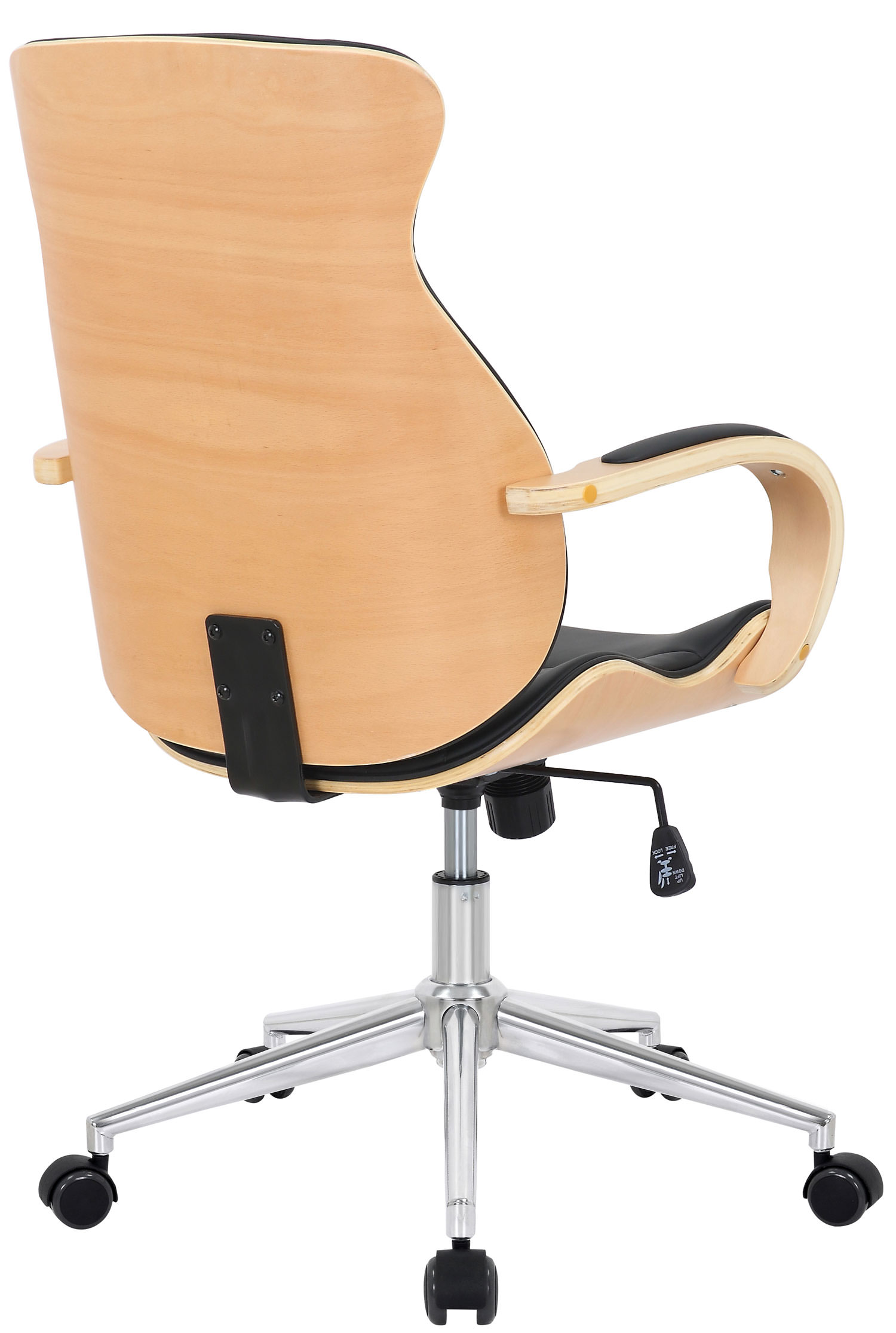 Holz-Bürostuhl, schwarzer Sitz, silberne Beine und schwarze Räder.