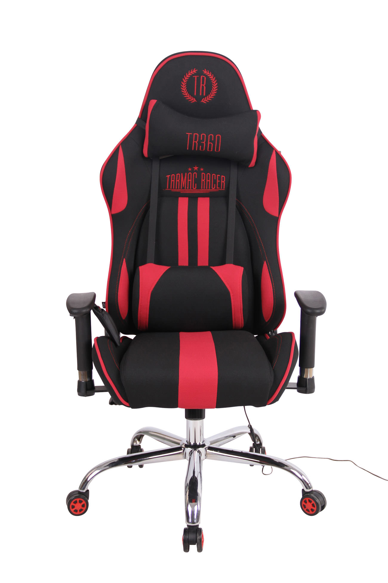 Gaming-Stuhl, schwarz-rotes Design. Kopfstütze, Armlehnen und Rollen. Weißer Hintergrund.