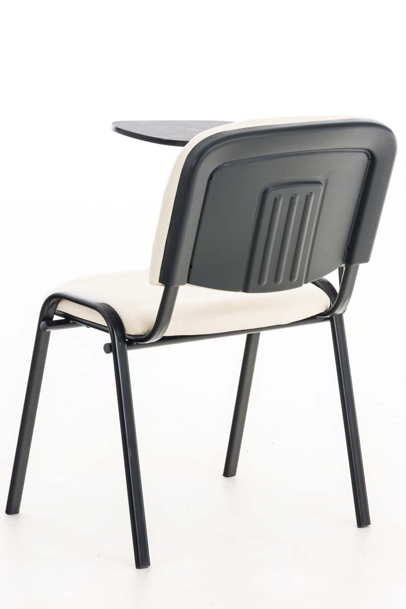 Stuhl mit schwarzem Rücken und kleinem Tisch. Weißer Sitz, schwarzes Gestell, kleiner Tisch.