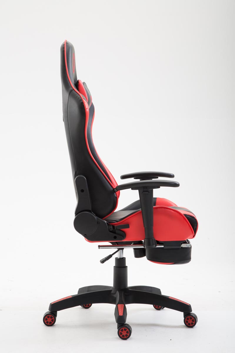 Profil des schwarz-roten Gaming-Stuhls. Schwarze Basis und rote Akzente.