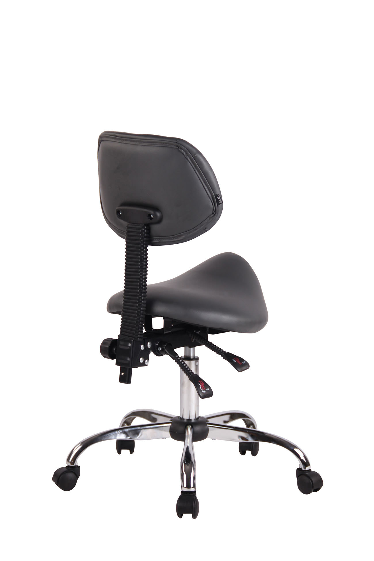 Ergonomischer Bürostuhl, Rückansicht, schwarzer Sitz und Rückenlehne, verstellbar, Chromfuß, weißer Hintergrund.