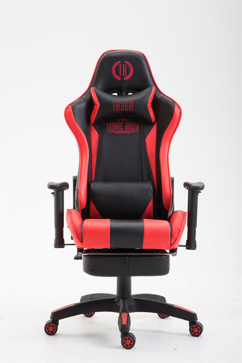 Gaming-Stuhl, rot und schwarz, mit Beinauflage. Schwarzes Gestell mit Rollen und weißem Hintergrund.