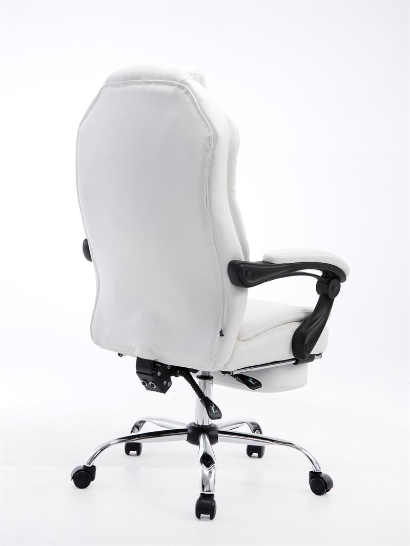 Rückansicht eines weißen Gaming-Stuhls mit schwarzen Armlehnen und Chromfuß auf weißem Hintergrund.