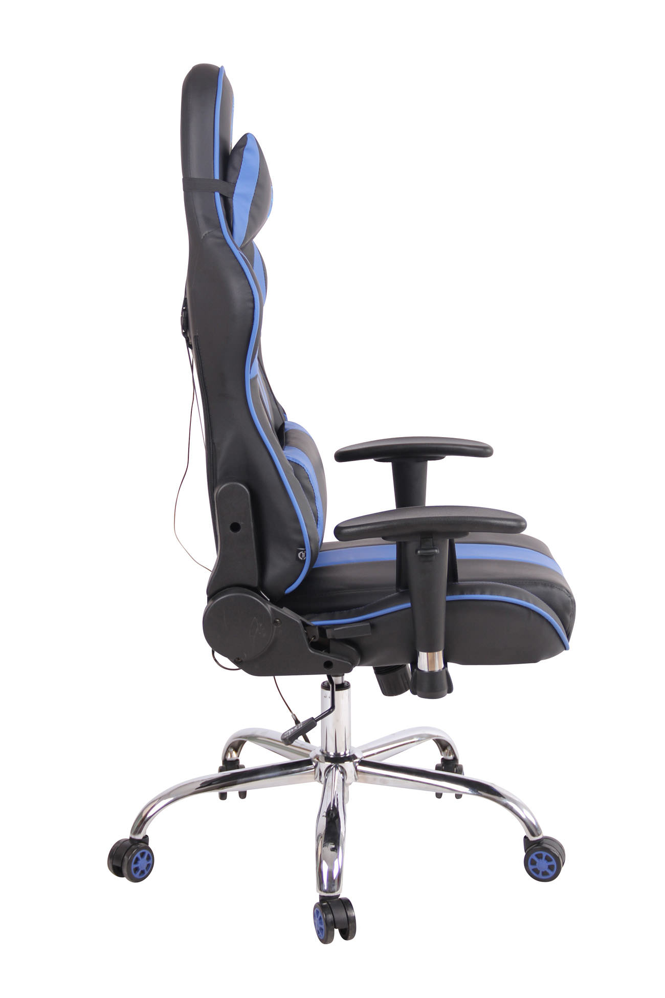 Ein Gaming-Stuhl mit hohem Rücken und blauen Akzenten. Es steht auf einem Chromfuß.