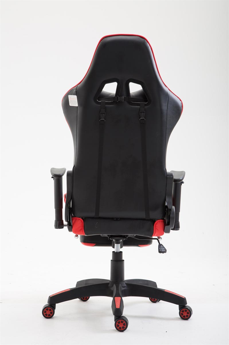Schwarz-roter Gaming-Stuhl von hinten. Rote Akzente, schwarzes Gestell, weißer Hintergrund.