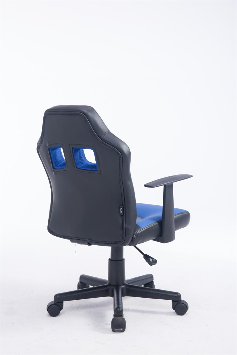 Blau-schwarzer Gaming-Stuhlrücken mit zwei blauen Löchern und weißem Hintergrund.