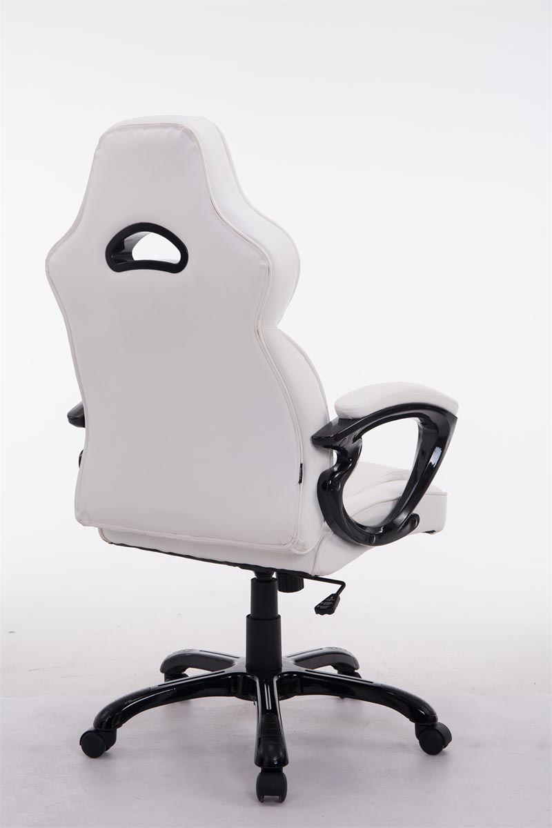 Rückansicht eines weißen Gaming-Stuhls. Schwarze Akzente, hoher Rücken und Rollfuß.