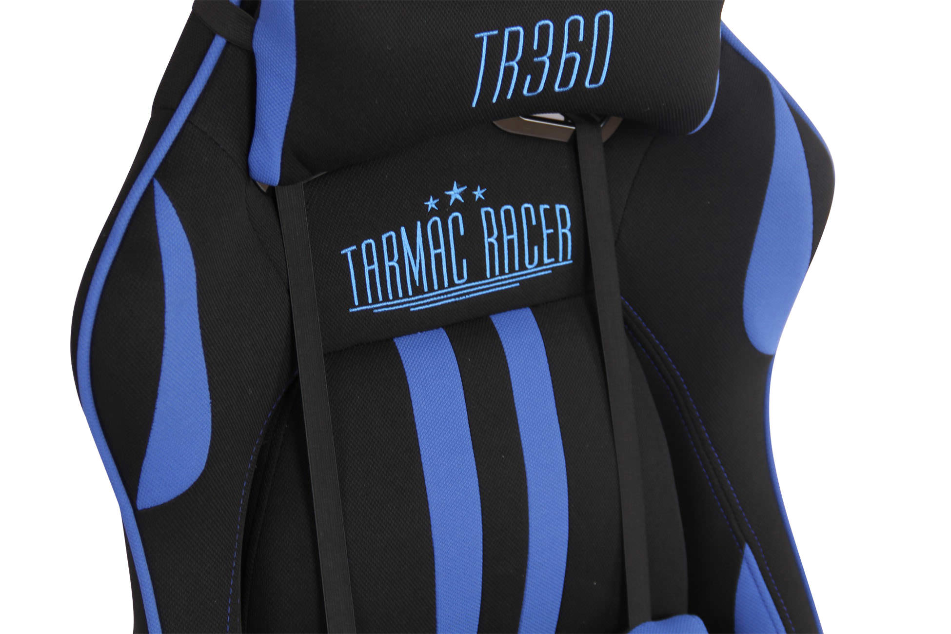 Rückseite eines blau-schwarzen Gaming-Stuhls mit TR360 und TARMAC RACER Logos.